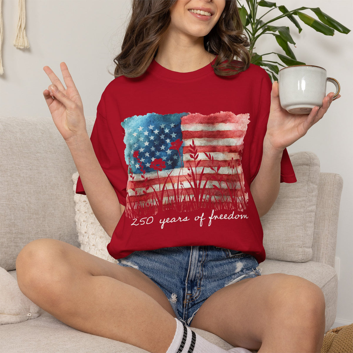 250 Years of Freedom American Flag & Flowers T-Shirt