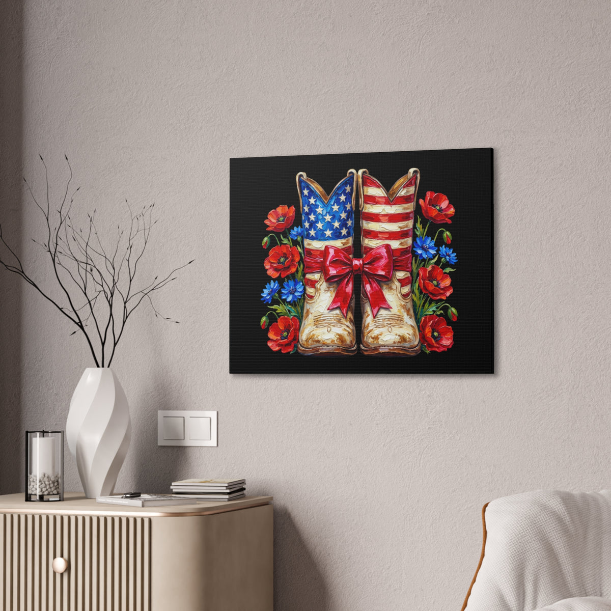 Patriotic Cowboy Boots Canvas Wall Art — American Flag Boots with Red Poppies