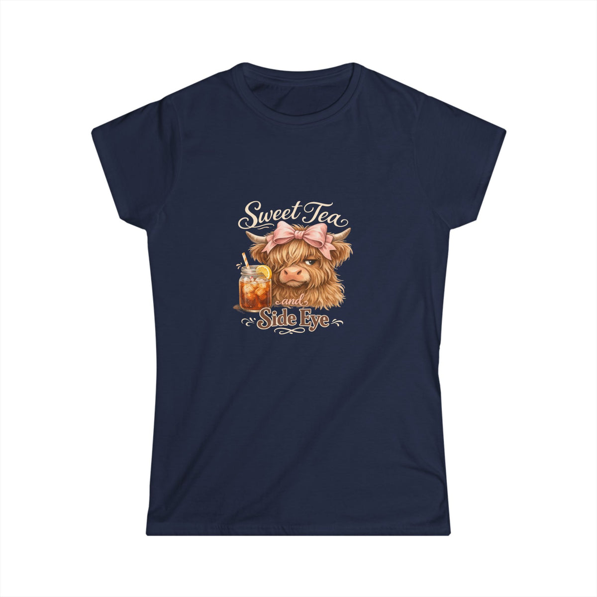 Side Eye Highland Cow Graphic Tee — Cute Scottish Cow with Mason Jar Iced Tea