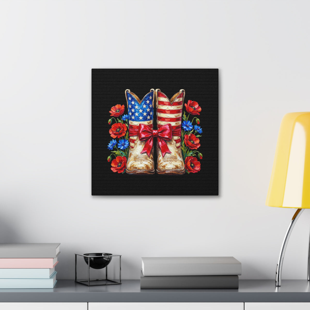 Patriotic Cowboy Boots Canvas Wall Art — American Flag Boots with Red Poppies