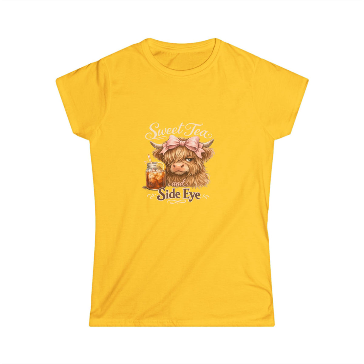 Side Eye Highland Cow Graphic Tee — Cute Scottish Cow with Mason Jar Iced Tea