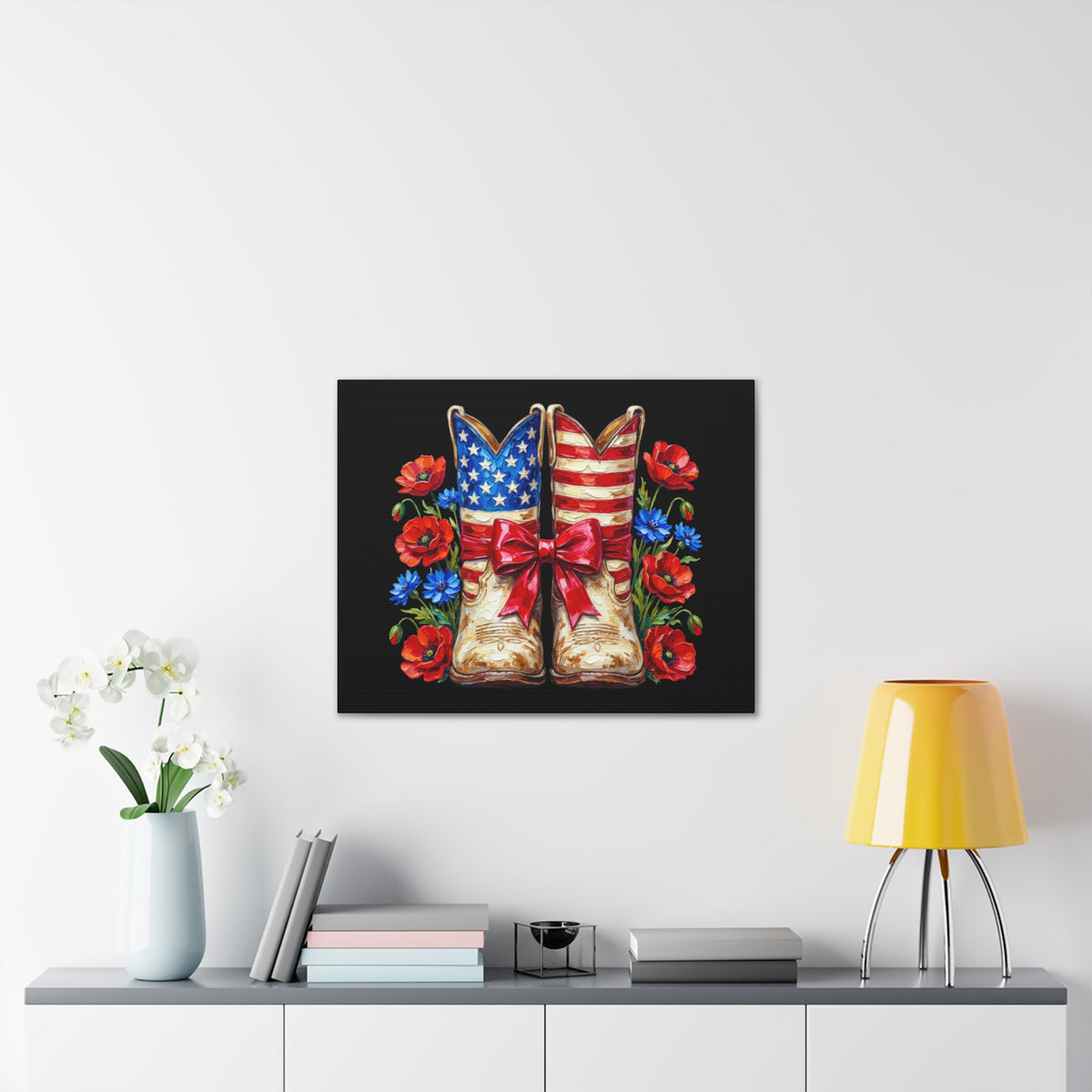 Patriotic Cowboy Boots Canvas Wall Art — American Flag Boots with Red Poppies