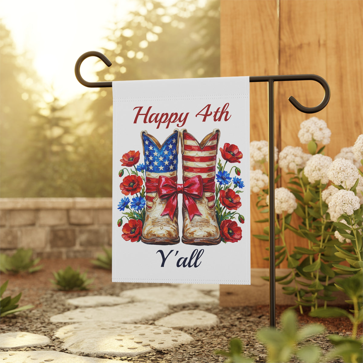 Happy 4th Y'all Patriotic Garden Flag — American Cowboy Boots & Flowers