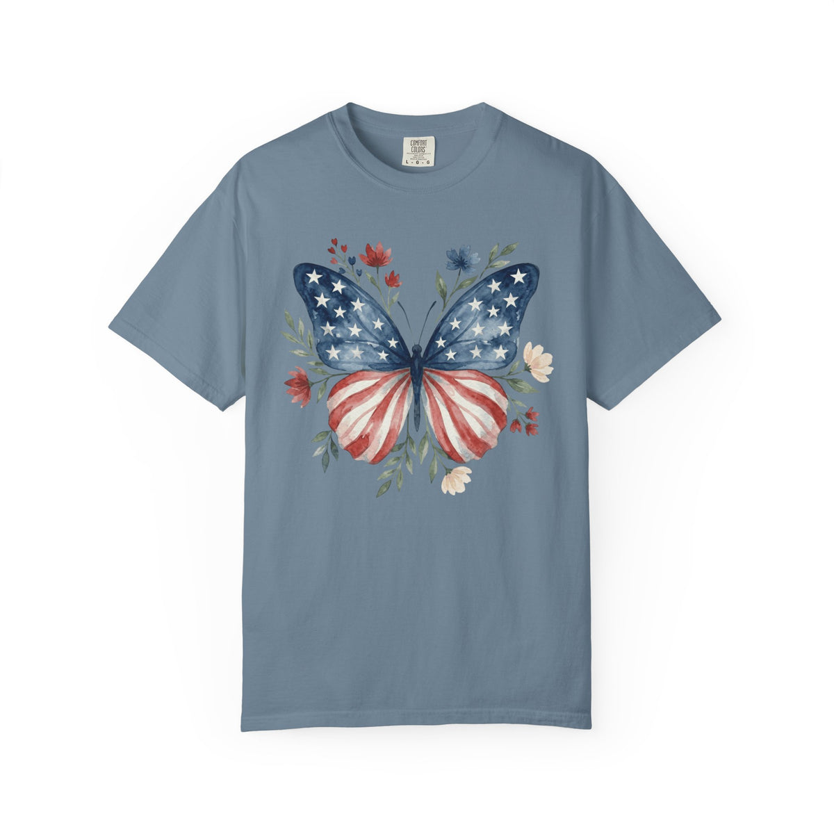 Patriotic Butterfly T‑Shirt — American Flag Floral Tee