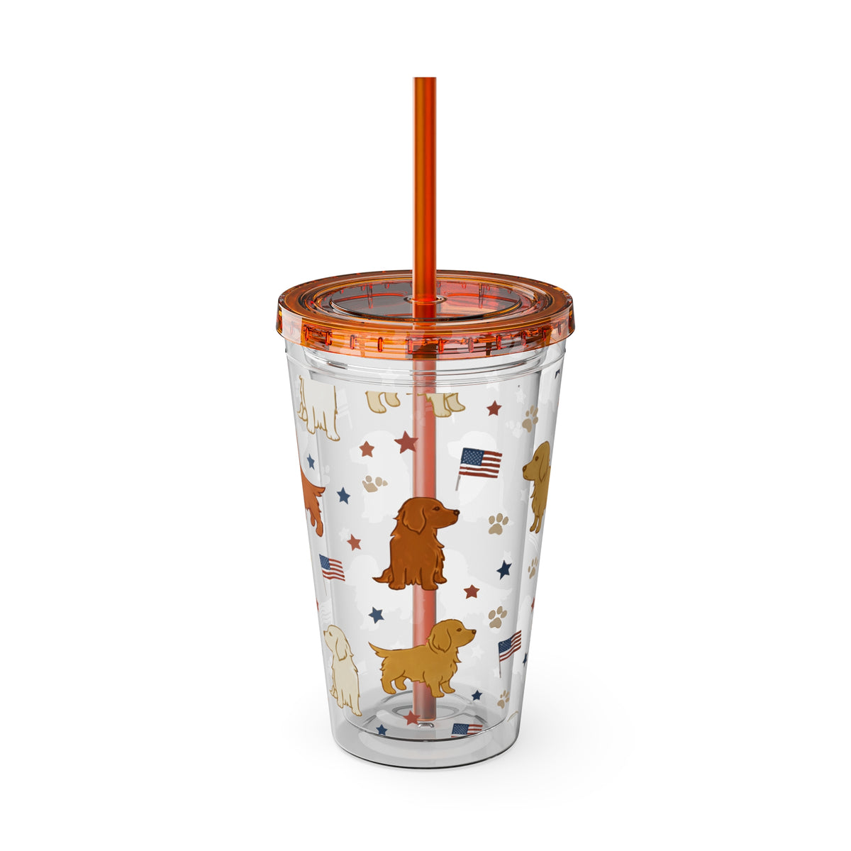 Patriotic Golden Retriever Tumbler with Straw — 16oz (American Flag & Paw Print)