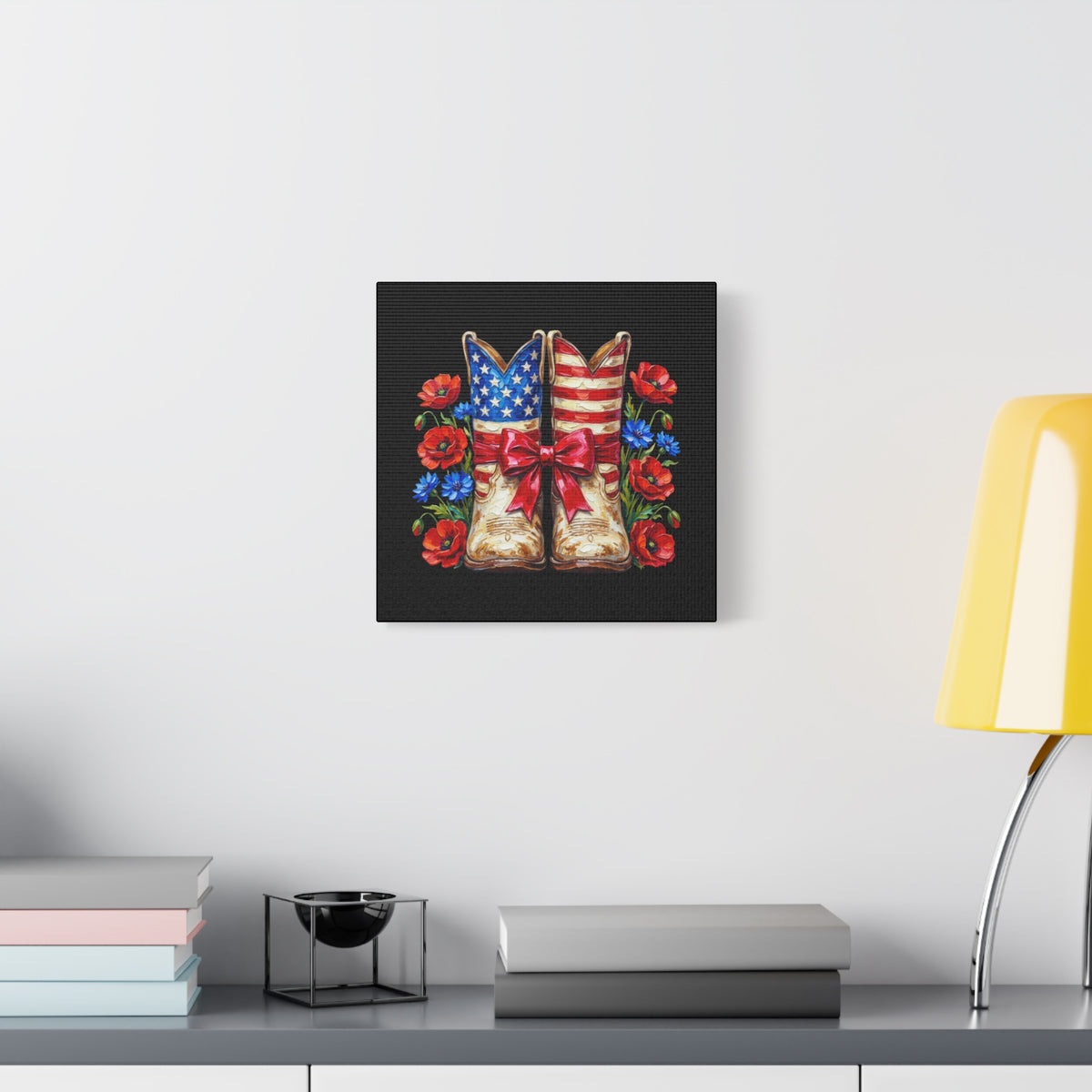 Patriotic Cowboy Boots Canvas Wall Art — American Flag Boots & Roses