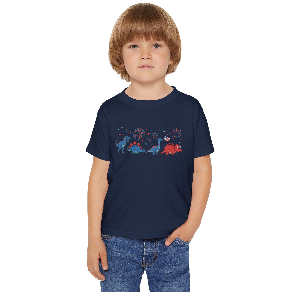 Toddler T‑Shirt — Red, White & Blue Dino Parade (4th of July Kids Tee)