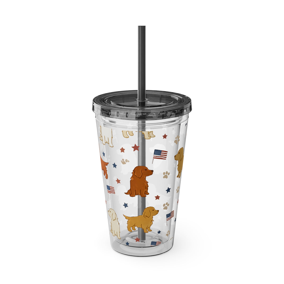 Patriotic Golden Retriever Tumbler with Straw — 16oz (American Flag & Paw Print)