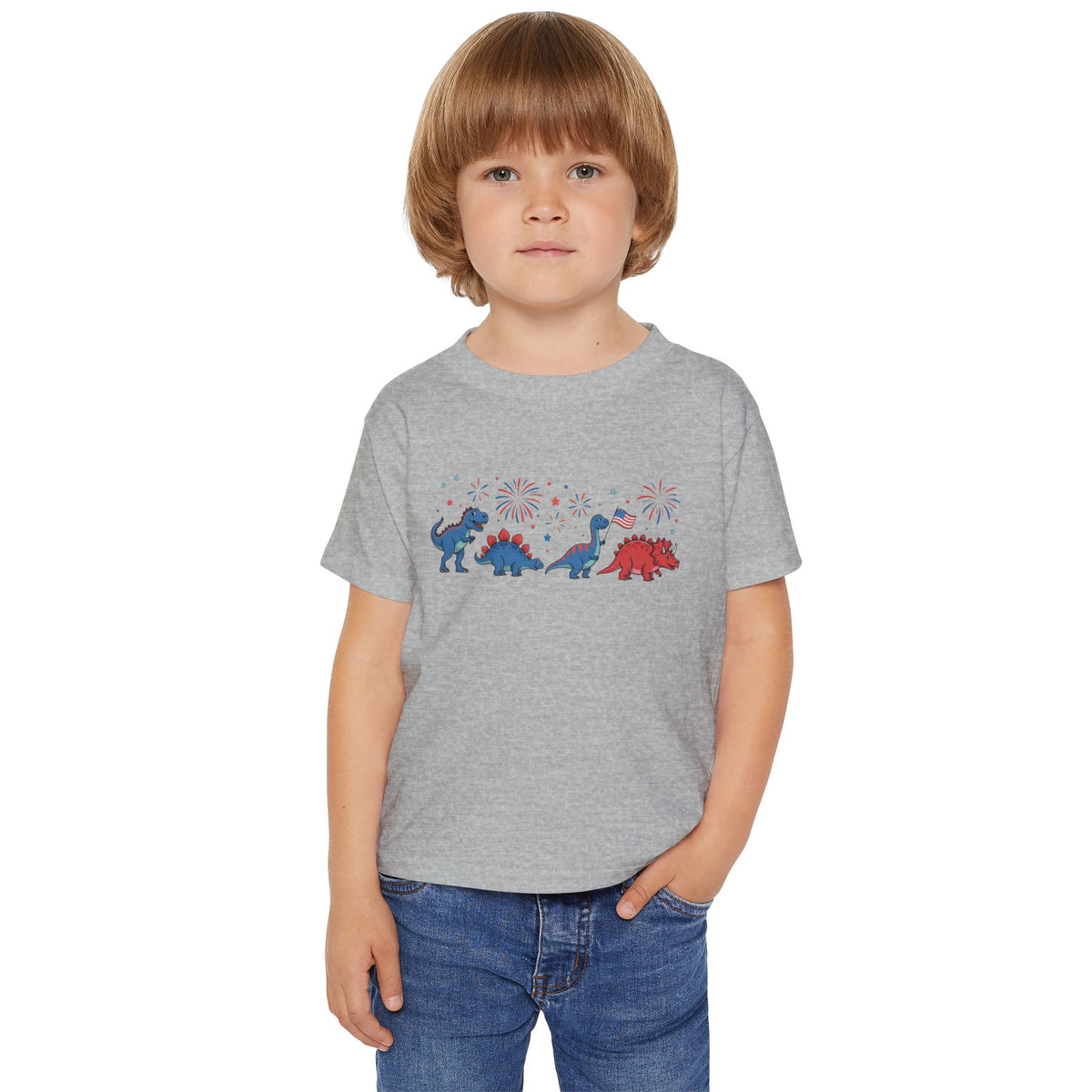 Toddler T‑Shirt — Red, White & Blue Dino Parade (4th of July Kids Tee)