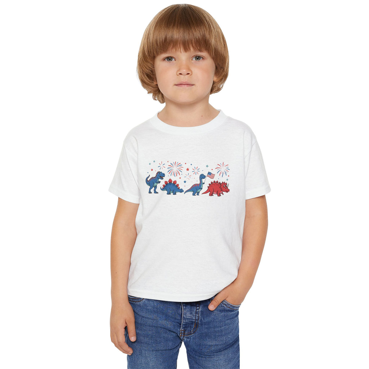 Toddler T‑Shirt — Red, White & Blue Dino Parade (4th of July Kids Tee)