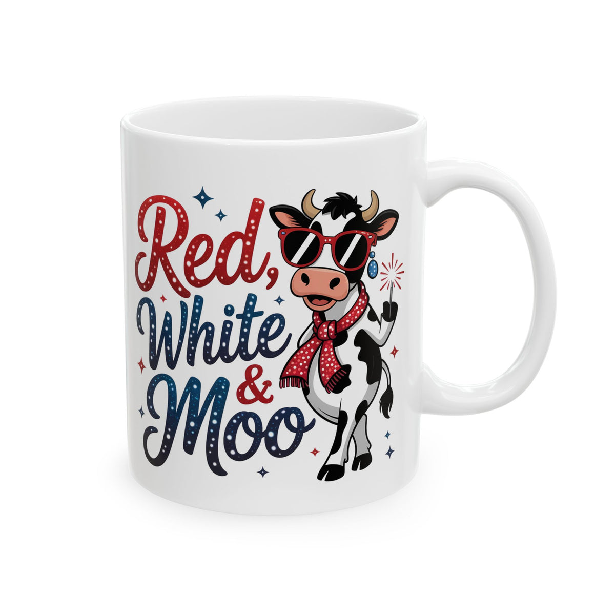 Ceramic Mug - "Red, White & Moo" Patriotic Cow Coffee Cup (11oz)
