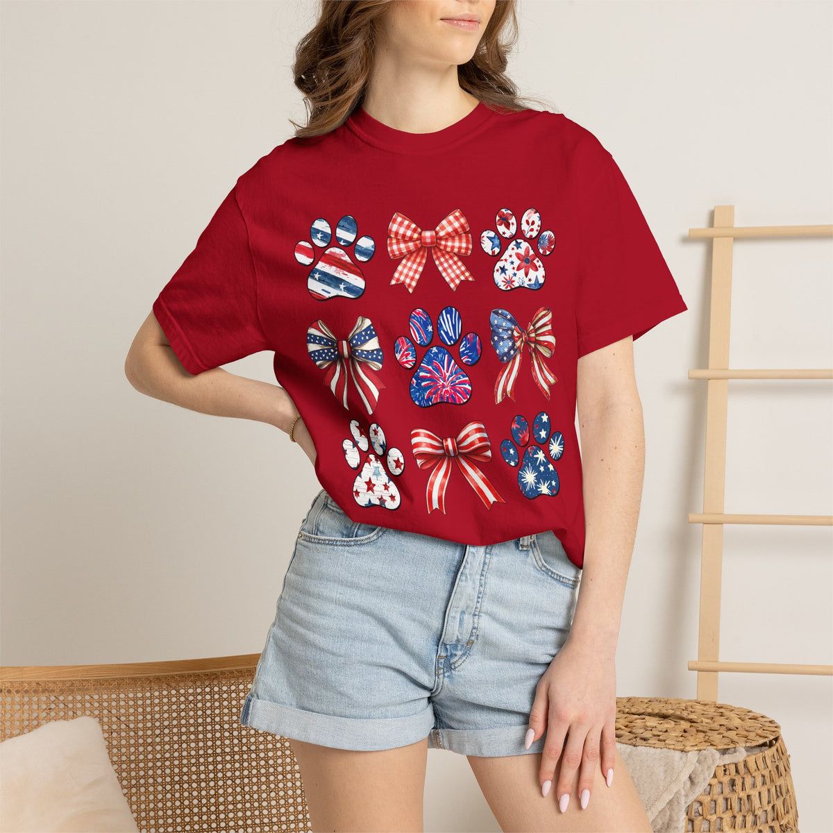 Patriotic Paws T-Shirt — American Flag Paw Prints & Bows