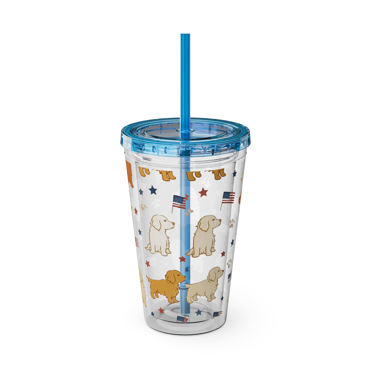 Patriotic Golden Retriever Tumbler with Straw — 16oz (American Flag & Paw Print)