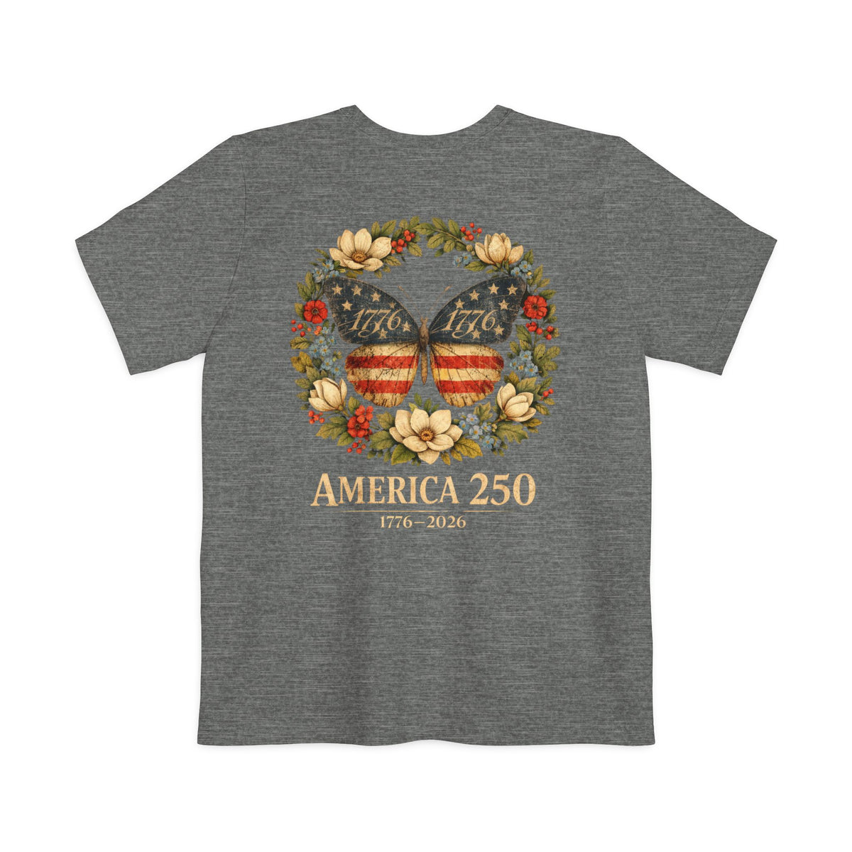 America 250 Butterfly Pocket T-Shirt — 1776–2026 Patriotic Floral Tee