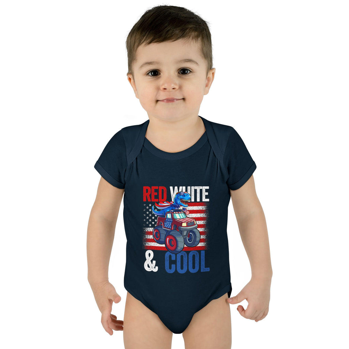 "Red White & Cool" Dinosaur on a Monster Truck Baby Onesie