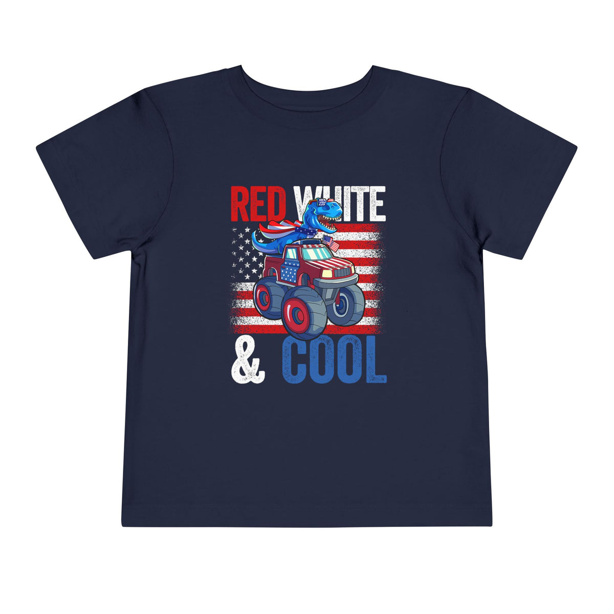 Toddler Tee — "Red White & Cool" Dinosaur on a Monster Truck Graphic T-Shirt