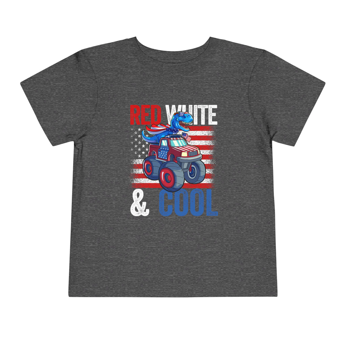 Toddler Tee — "Red White & Cool" Dinosaur on a Monster Truck Graphic T-Shirt