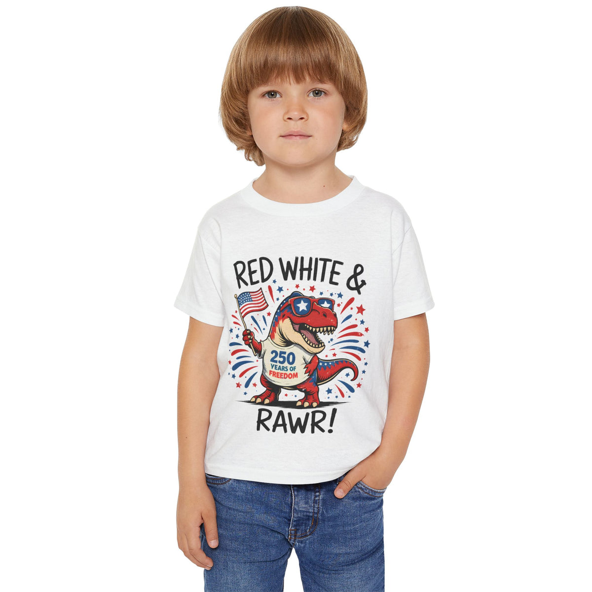 Toddler T-Shirt - "Red, White & RAWR!" Patriotic Dinosaur 4th of July Tee