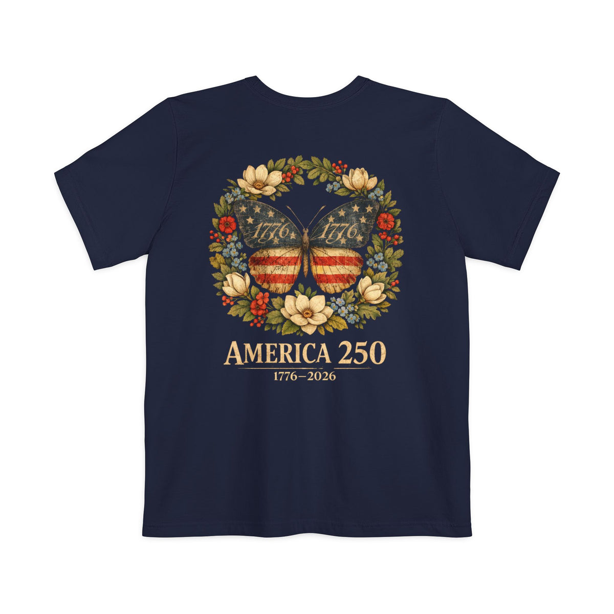 America 250 Butterfly Pocket T-Shirt — 1776–2026 Patriotic Floral Tee