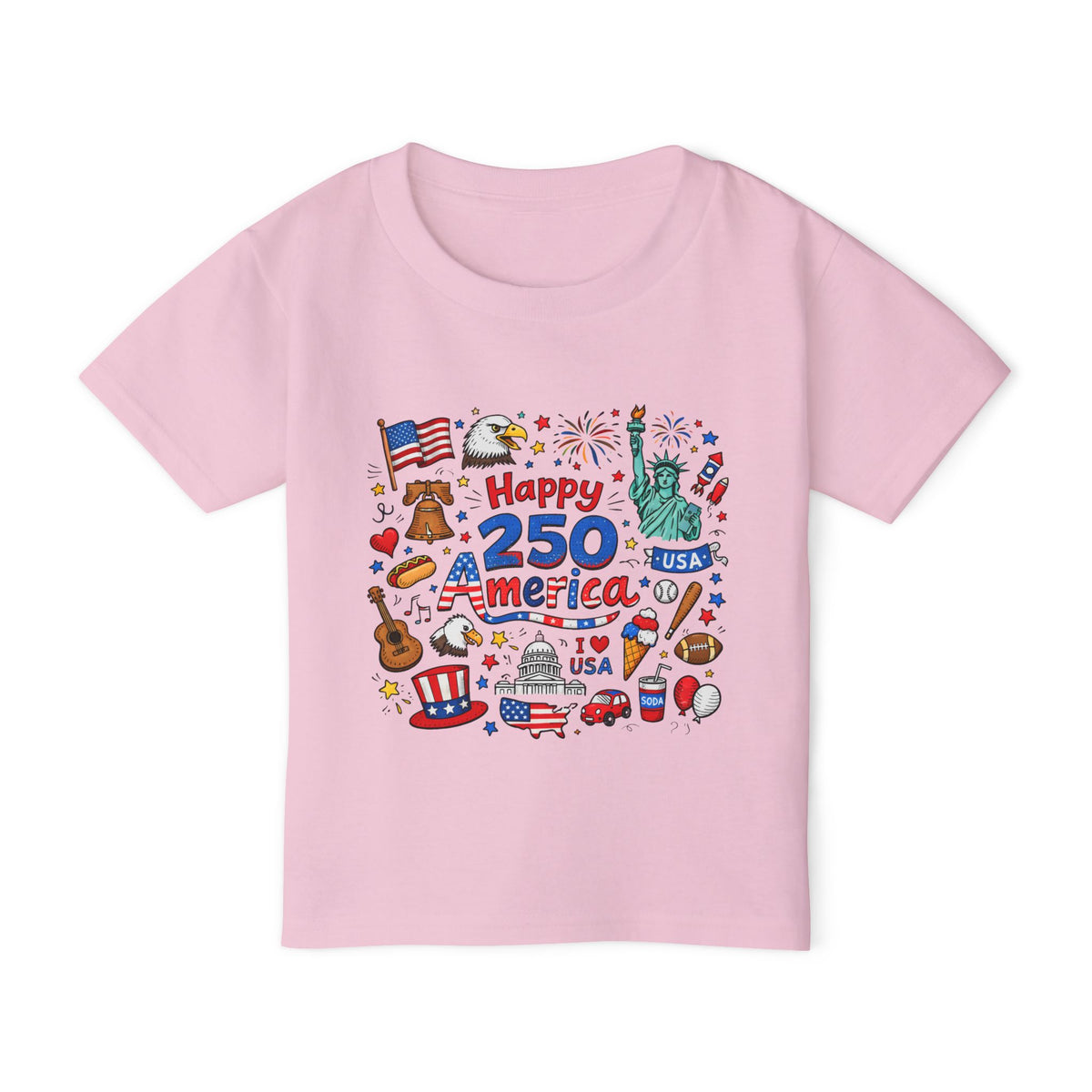 Happy 250 America Toddler Patriotic USA Icons 4th of July Tee
