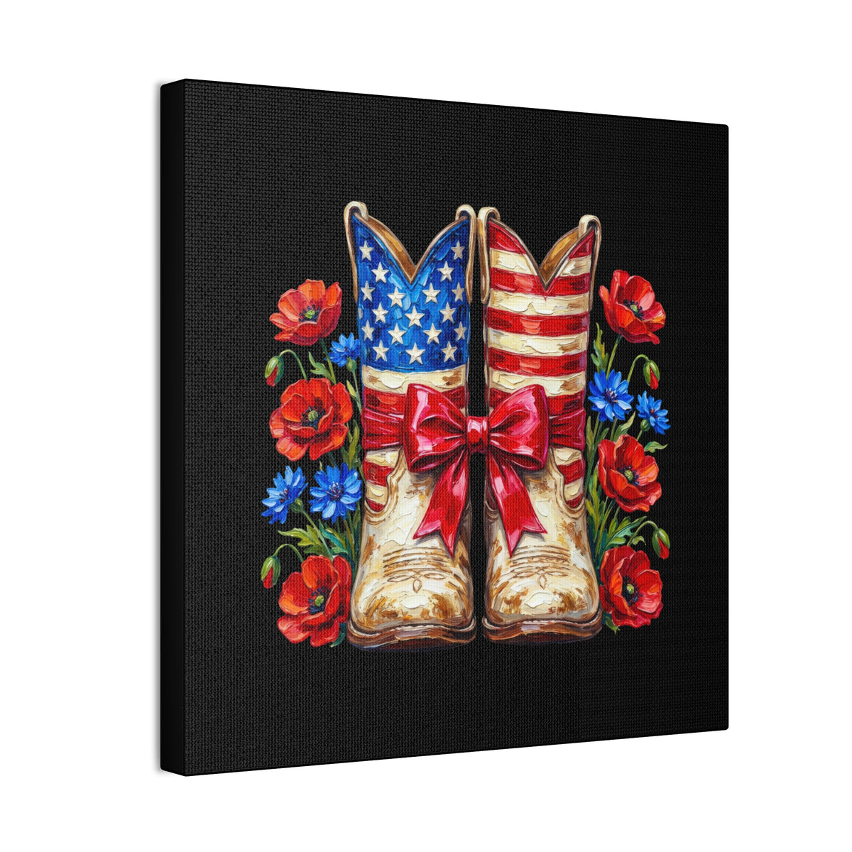 Patriotic Cowboy Boots Canvas Wall Art — American Flag Boots with Red Poppies