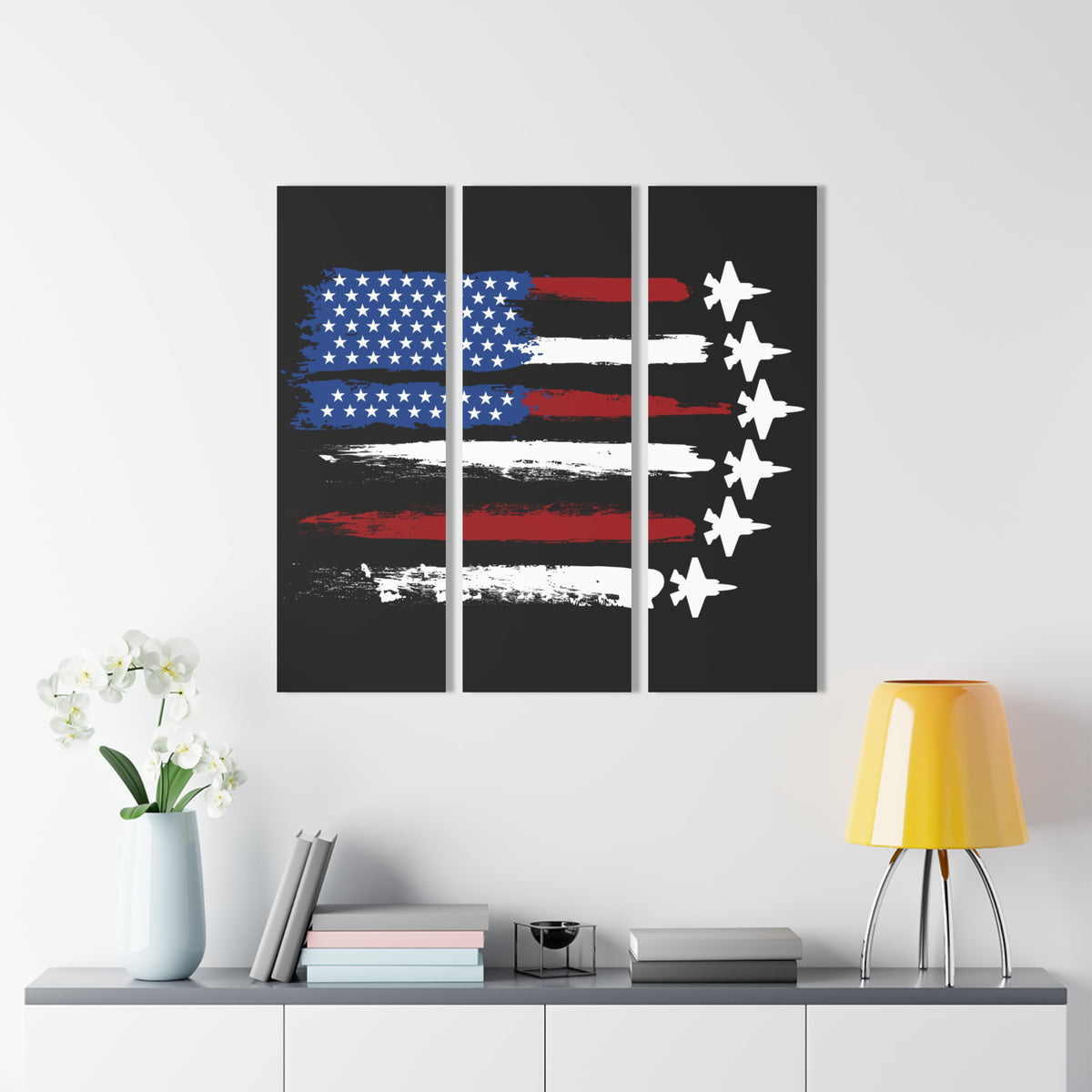 Acrylic Print Triptych — Patriotic Jet Fighter American Flag Wall Art