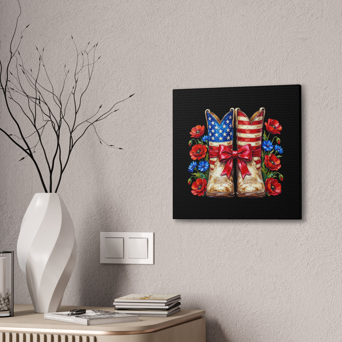 Patriotic Cowboy Boots Canvas Wall Art — American Flag Boots with Red Poppies