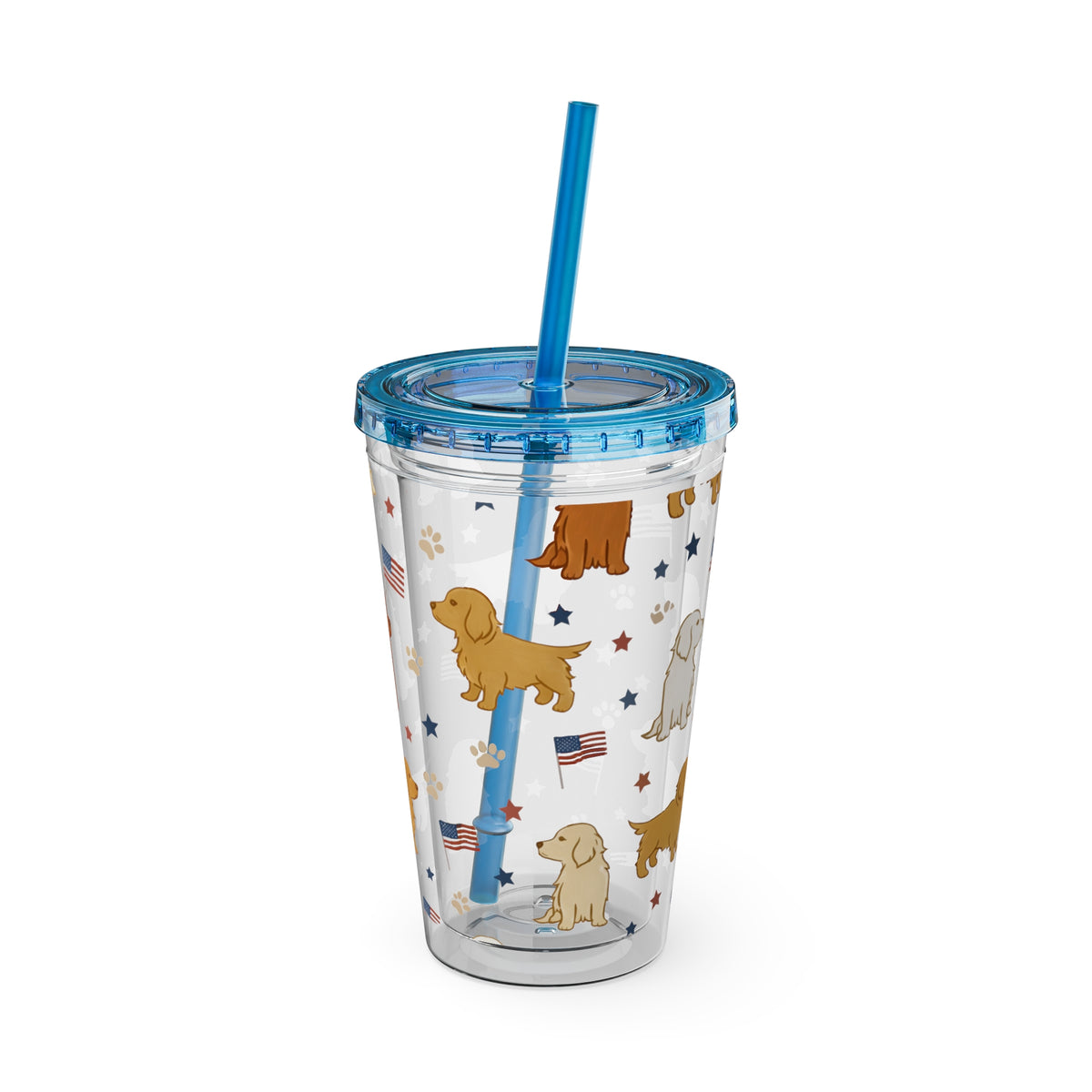 Patriotic Golden Retriever Tumbler with Straw — 16oz (American Flag & Paw Print)