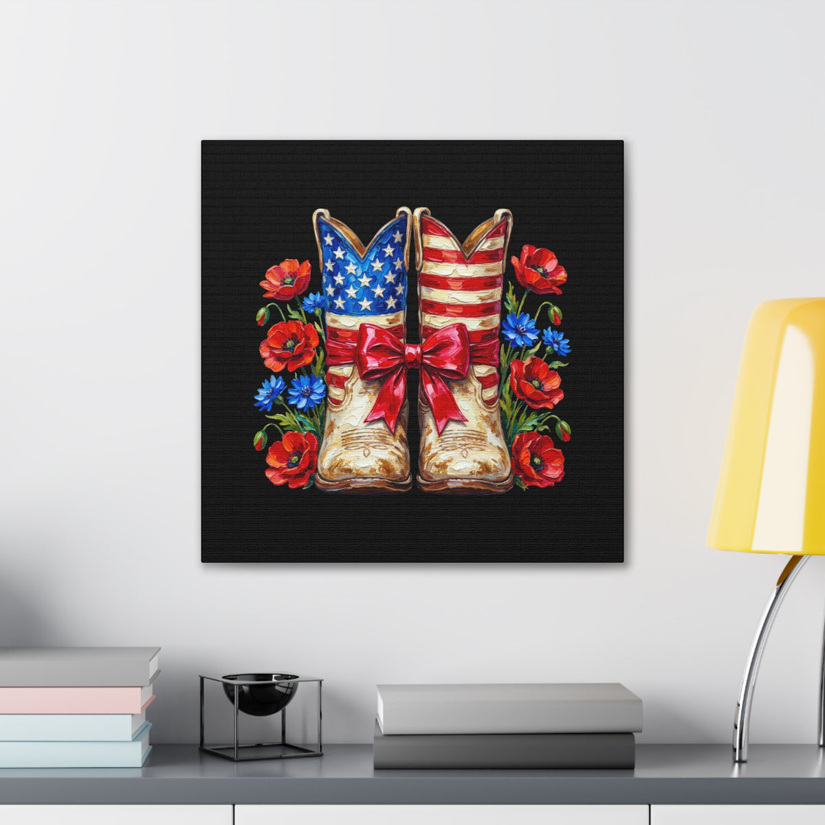 Patriotic Cowboy Boots Canvas Wall Art — American Flag Boots with Red Poppies