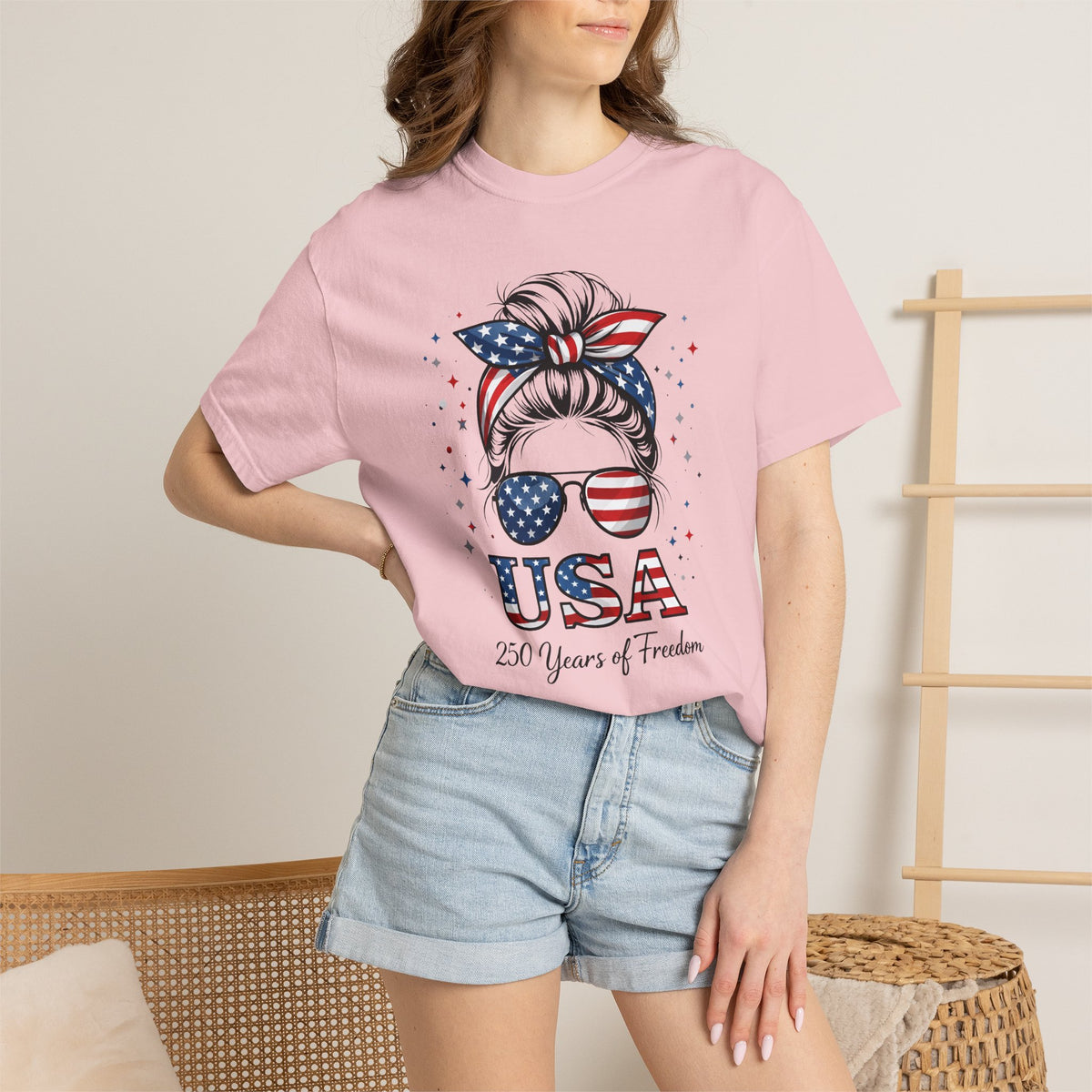 USA Patriotic T-Shirt — "250 Years of Freedom" Messy Bun Sunglasses Tee