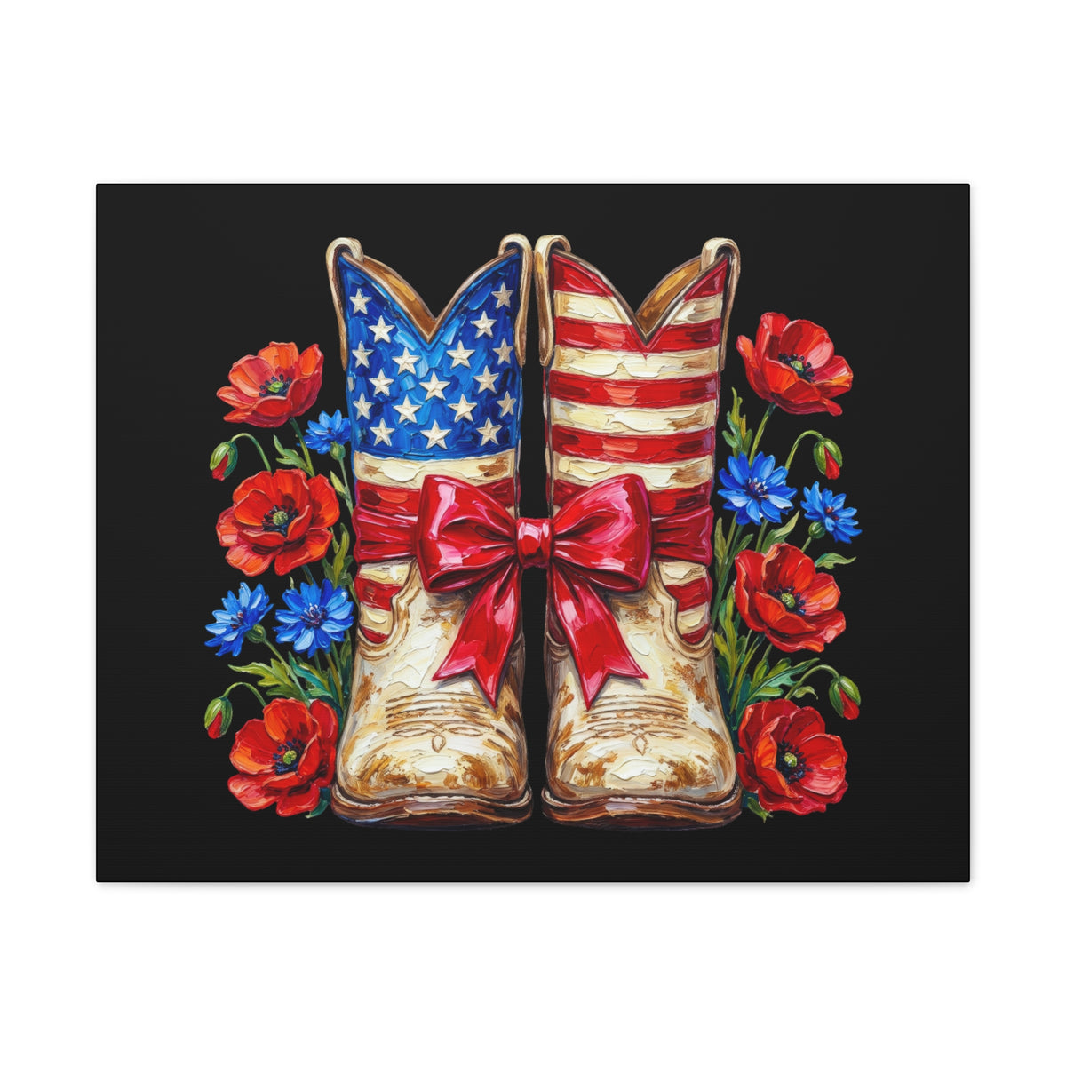 Patriotic Cowboy Boots Canvas Wall Art — American Flag Boots with Red Poppies