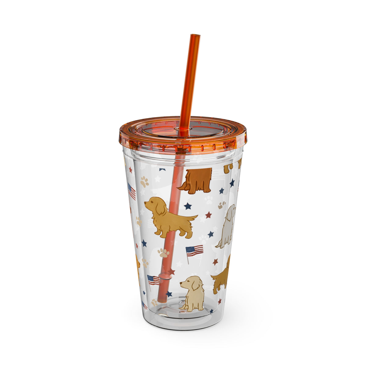 Patriotic Golden Retriever Tumbler with Straw — 16oz (American Flag & Paw Print)