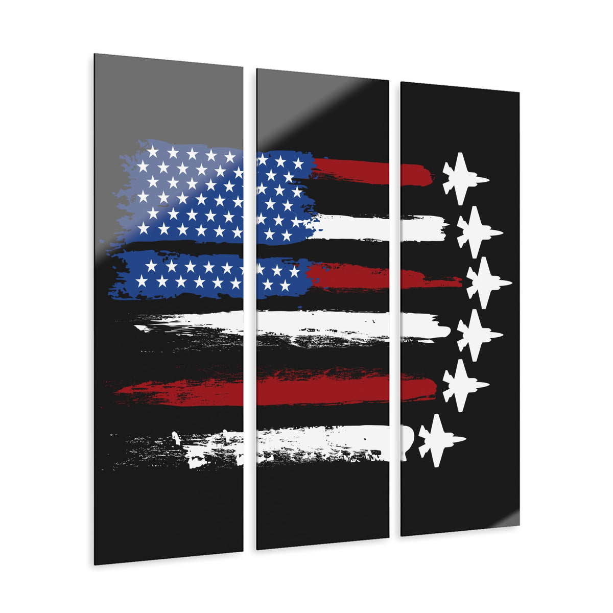 Acrylic Print Triptych — Patriotic Jet Fighter American Flag Wall Art