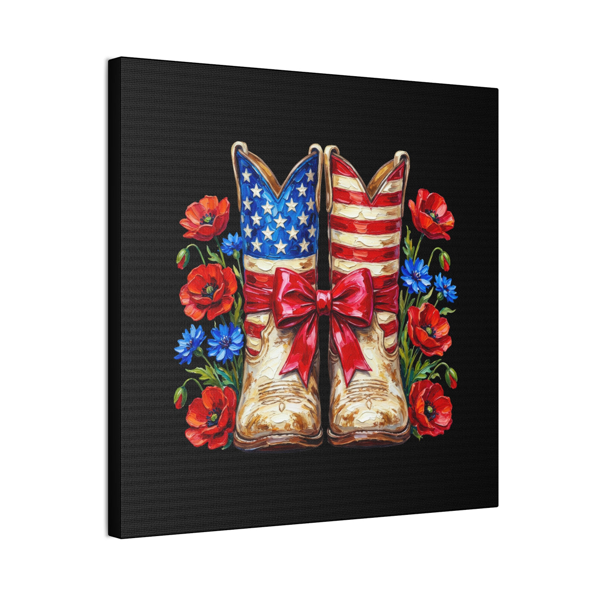 Patriotic Cowboy Boots Canvas Wall Art — American Flag Boots with Red Poppies