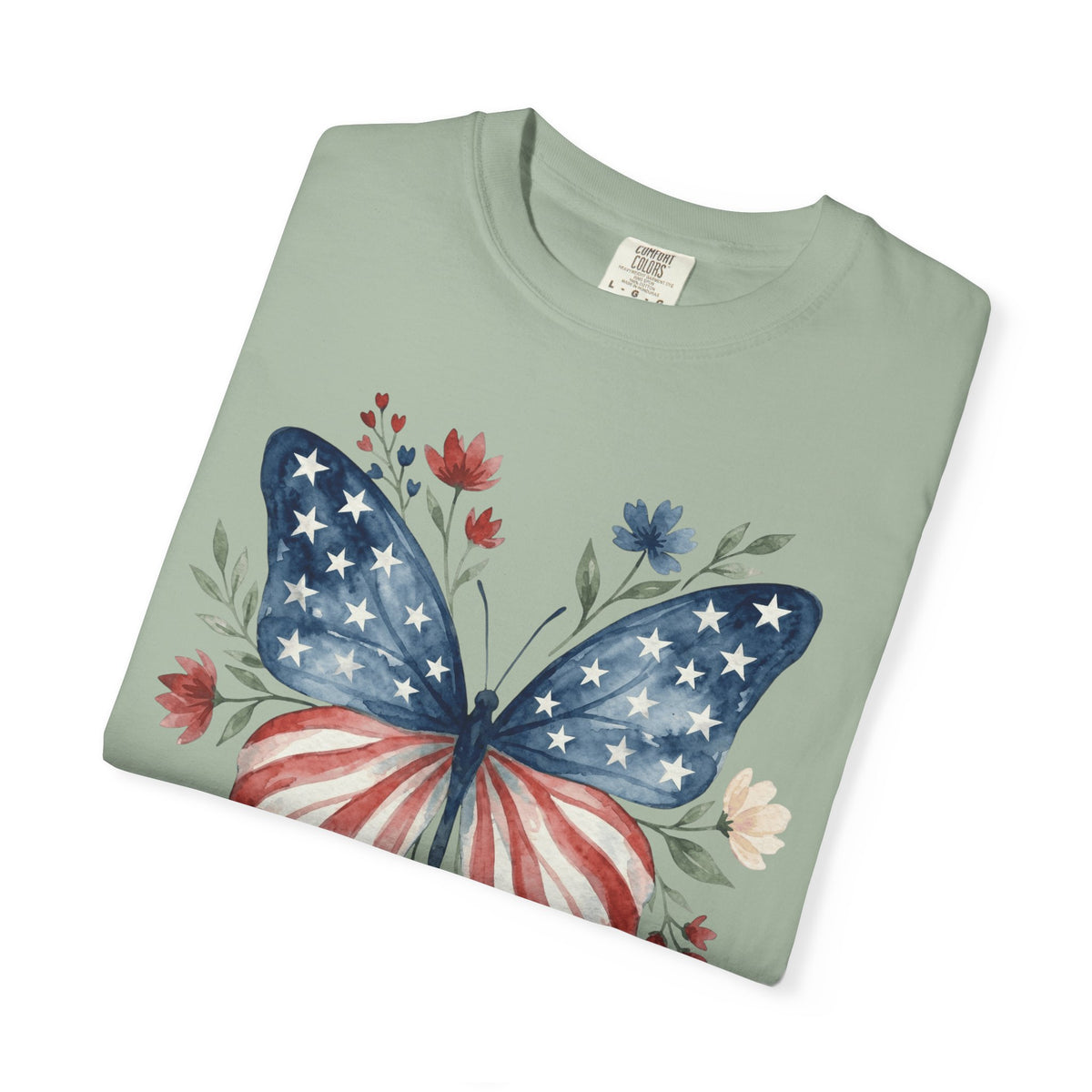 Patriotic Butterfly T‑Shirt — American Flag Floral Tee