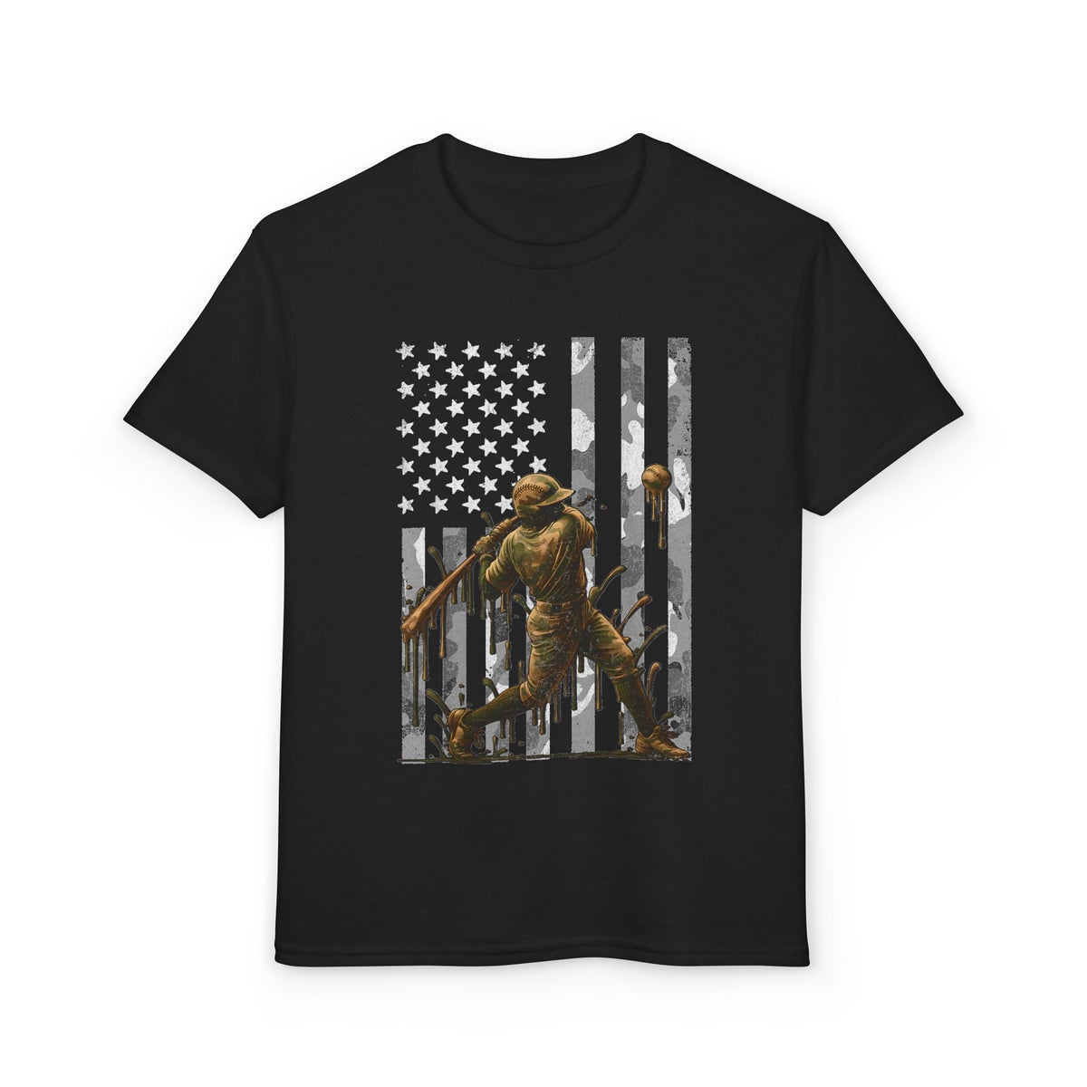 Camo Baseball Player American Flag  — Kids Graphic T-Shirt