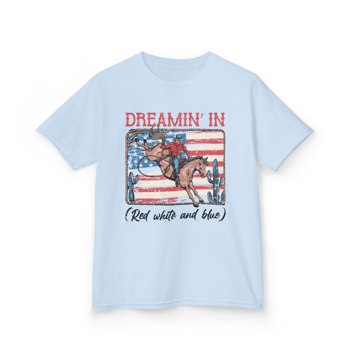Kids Tee — "Dreamin' In (Red White and Blue)" Patriotic Rodeo Horse Shirt
