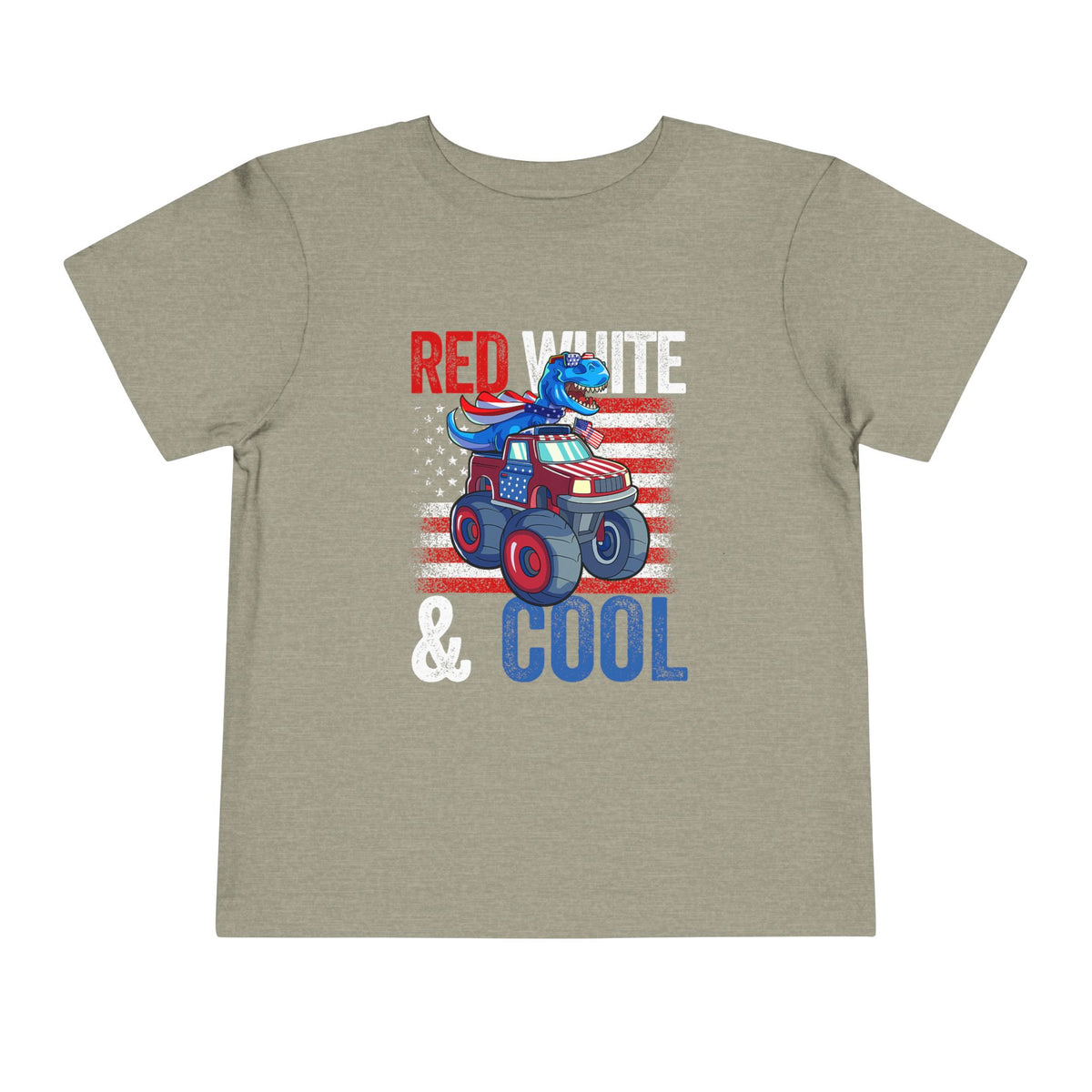 Toddler Tee — "Red White & Cool" Dinosaur on a Monster Truck Graphic T-Shirt