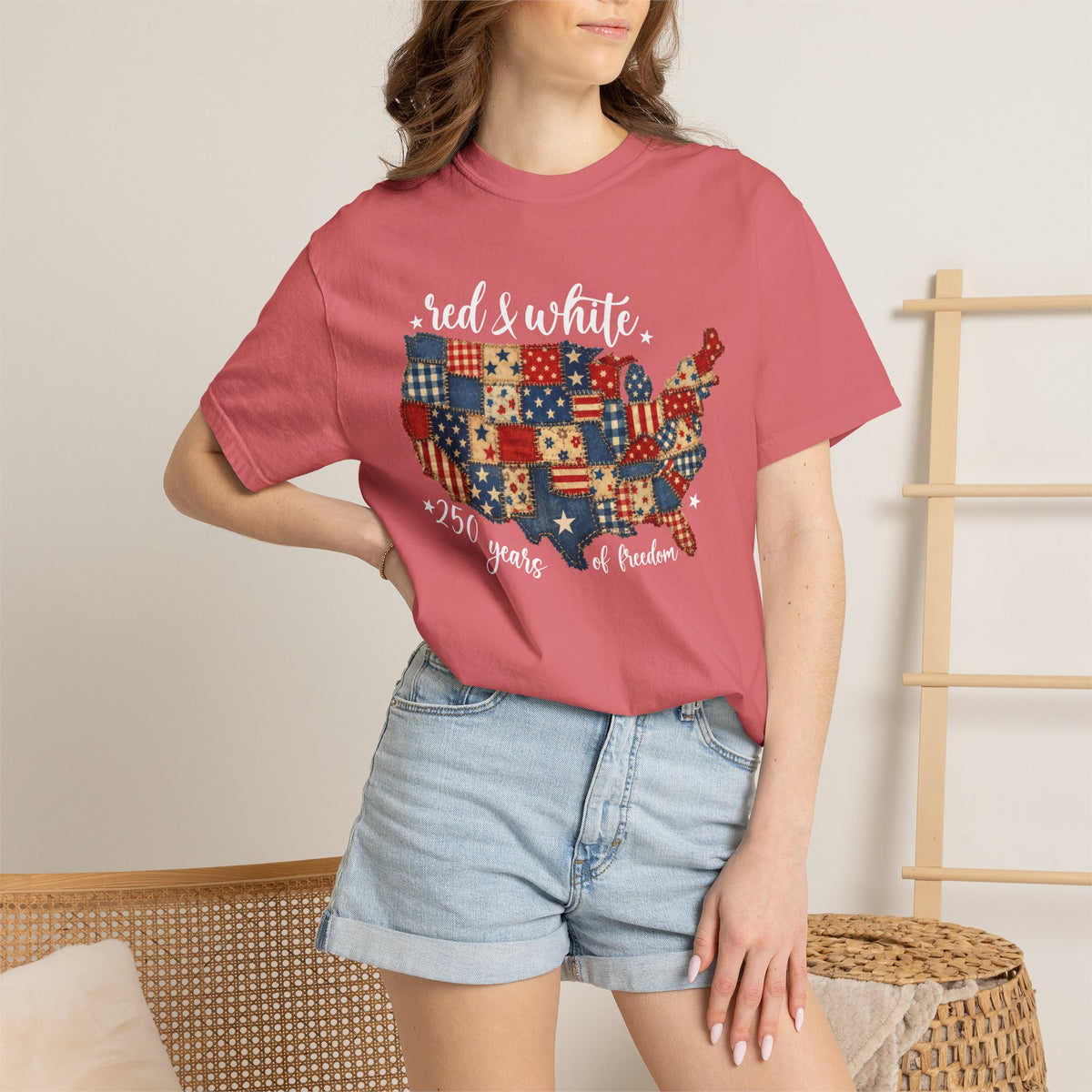USA Map Patchwork T-Shirt — "Red & White" 250 Years