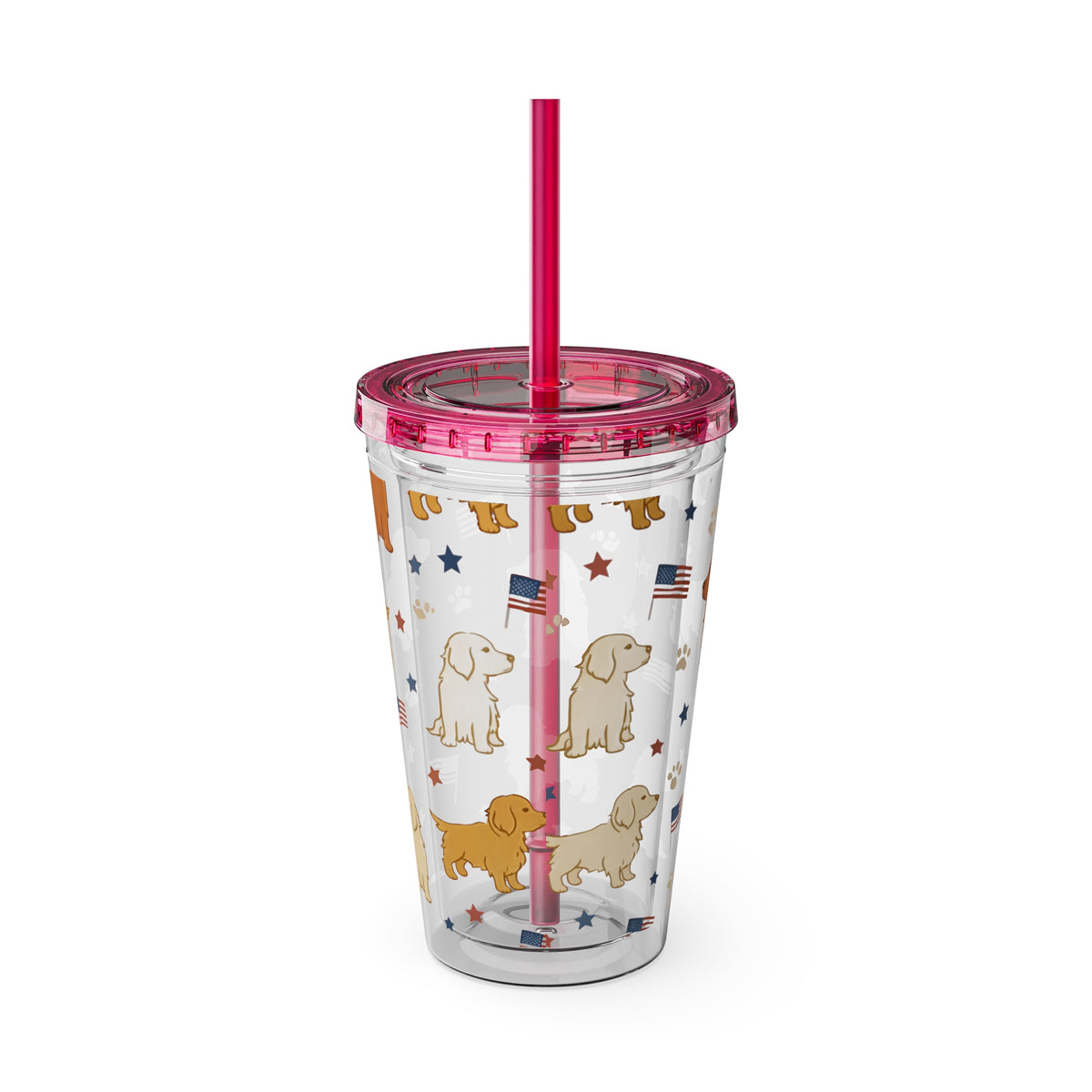 Patriotic Golden Retriever Tumbler with Straw — 16oz (American Flag & Paw Print)