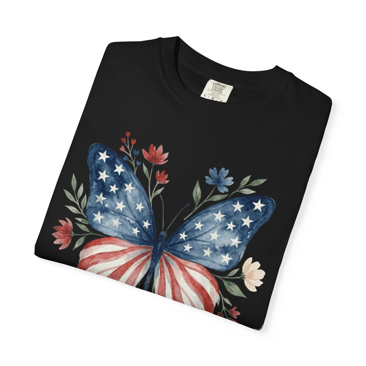 Patriotic Butterfly T‑Shirt — American Flag Floral Tee