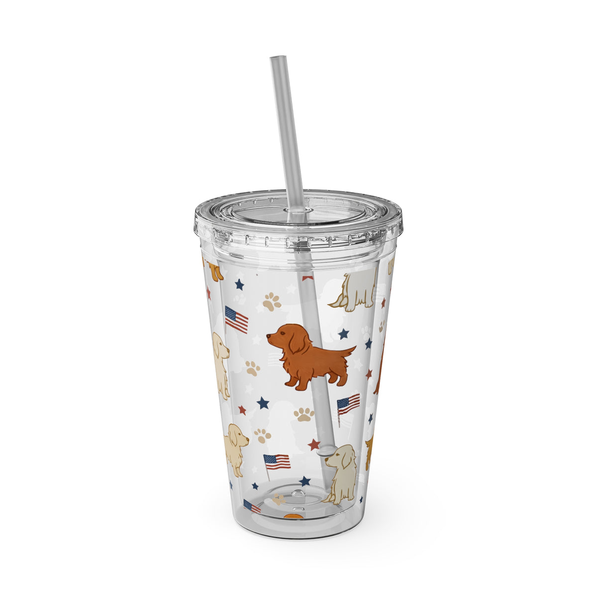 Patriotic Golden Retriever Tumbler with Straw — 16oz (American Flag & Paw Print)