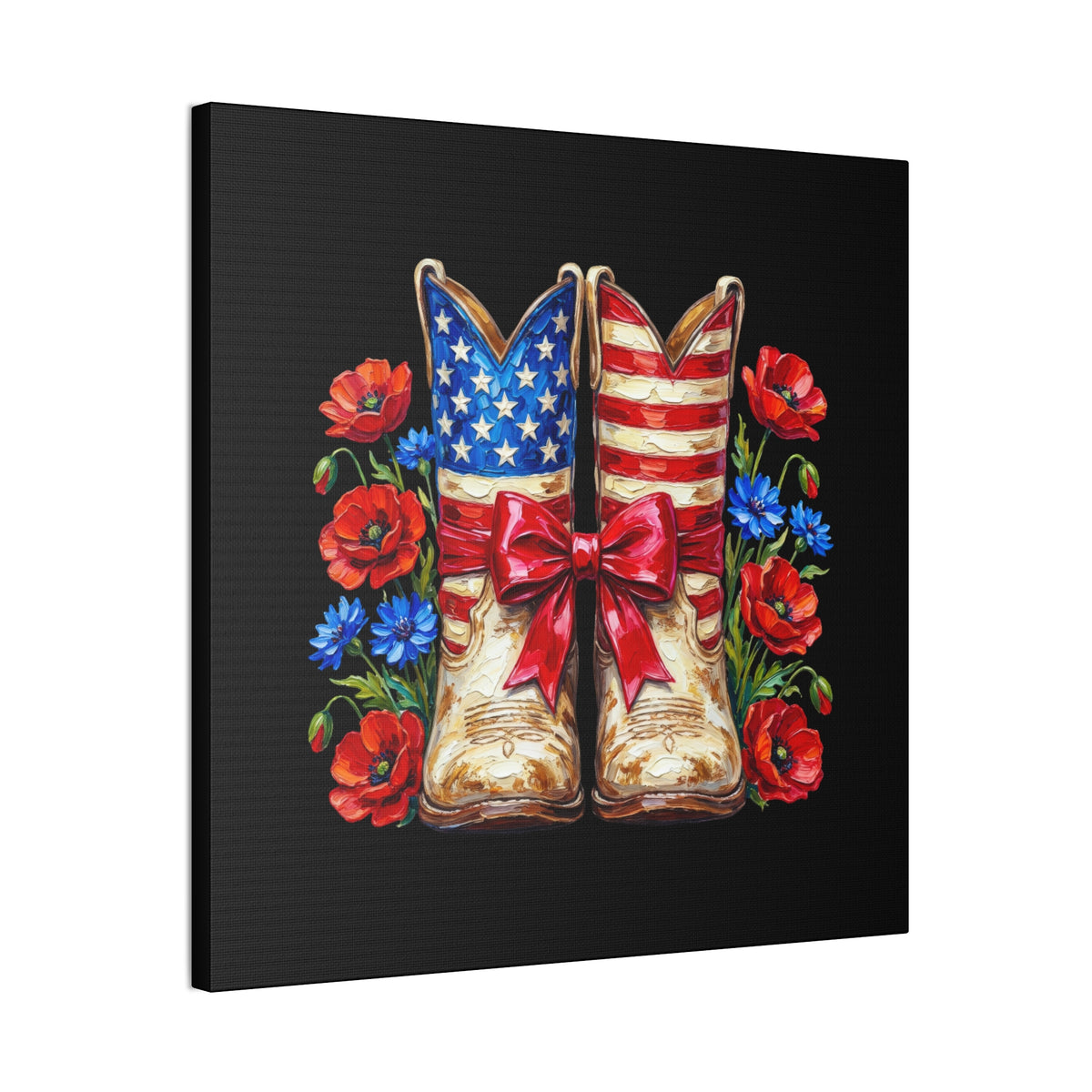 Patriotic Cowboy Boots Canvas Wall Art — American Flag Boots with Red Poppies